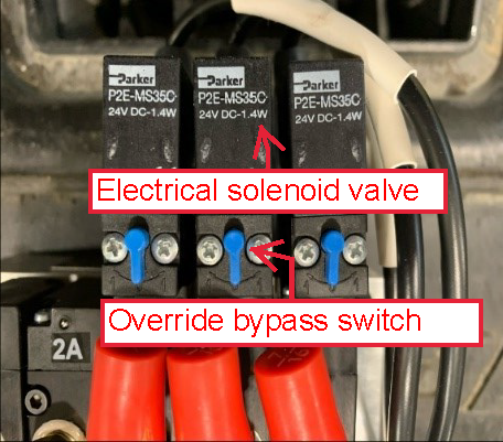 Electrical solenoid valve and override bypass switch